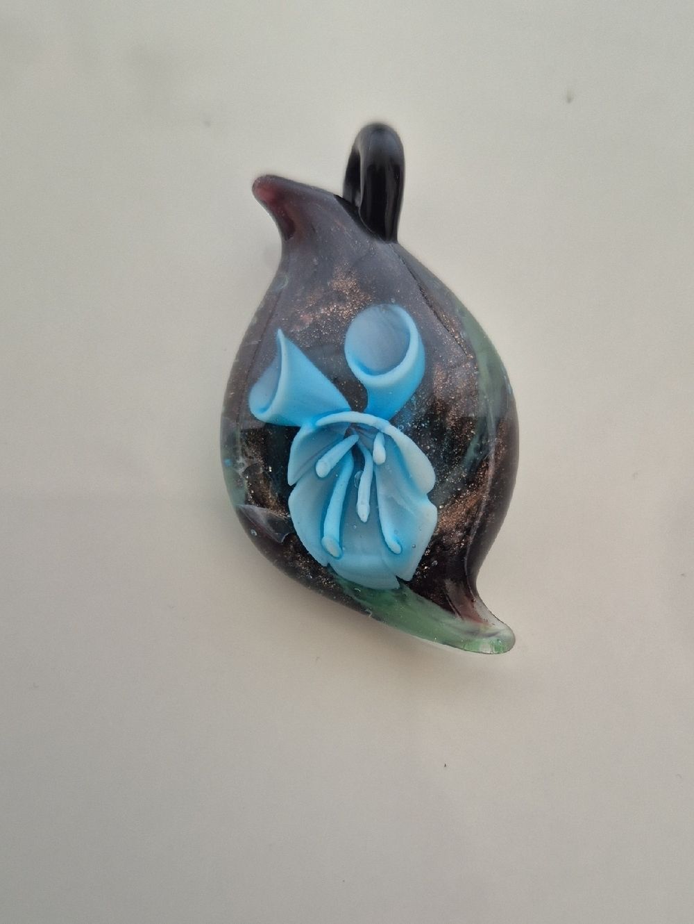 Murano Blue Floral Glass Pendant with Black and Green Accents